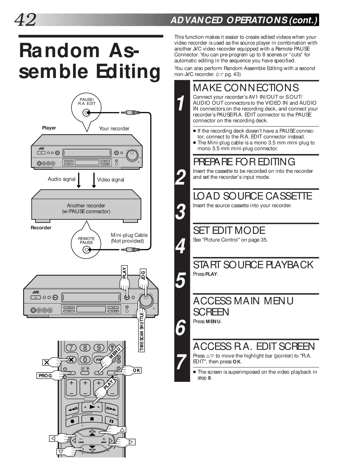 JVC HR-S8600EK setup guide Random As- semble Editing, Prepare for Editing 