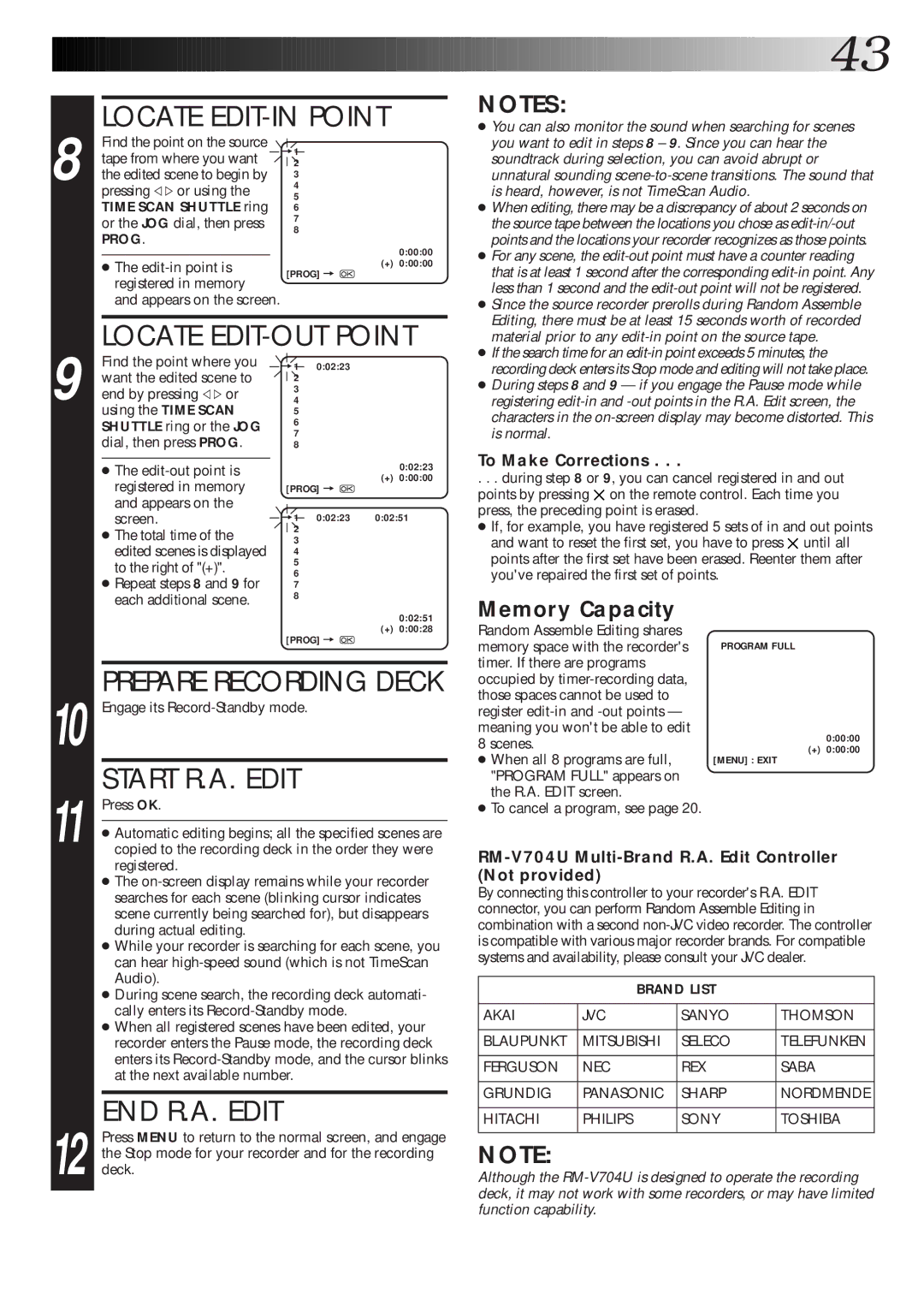 JVC HR-S8600EK setup guide Locate EDIT-IN Point, Locate EDIT-OUT Point, Start R.A. Edit, END R.A. Edit 