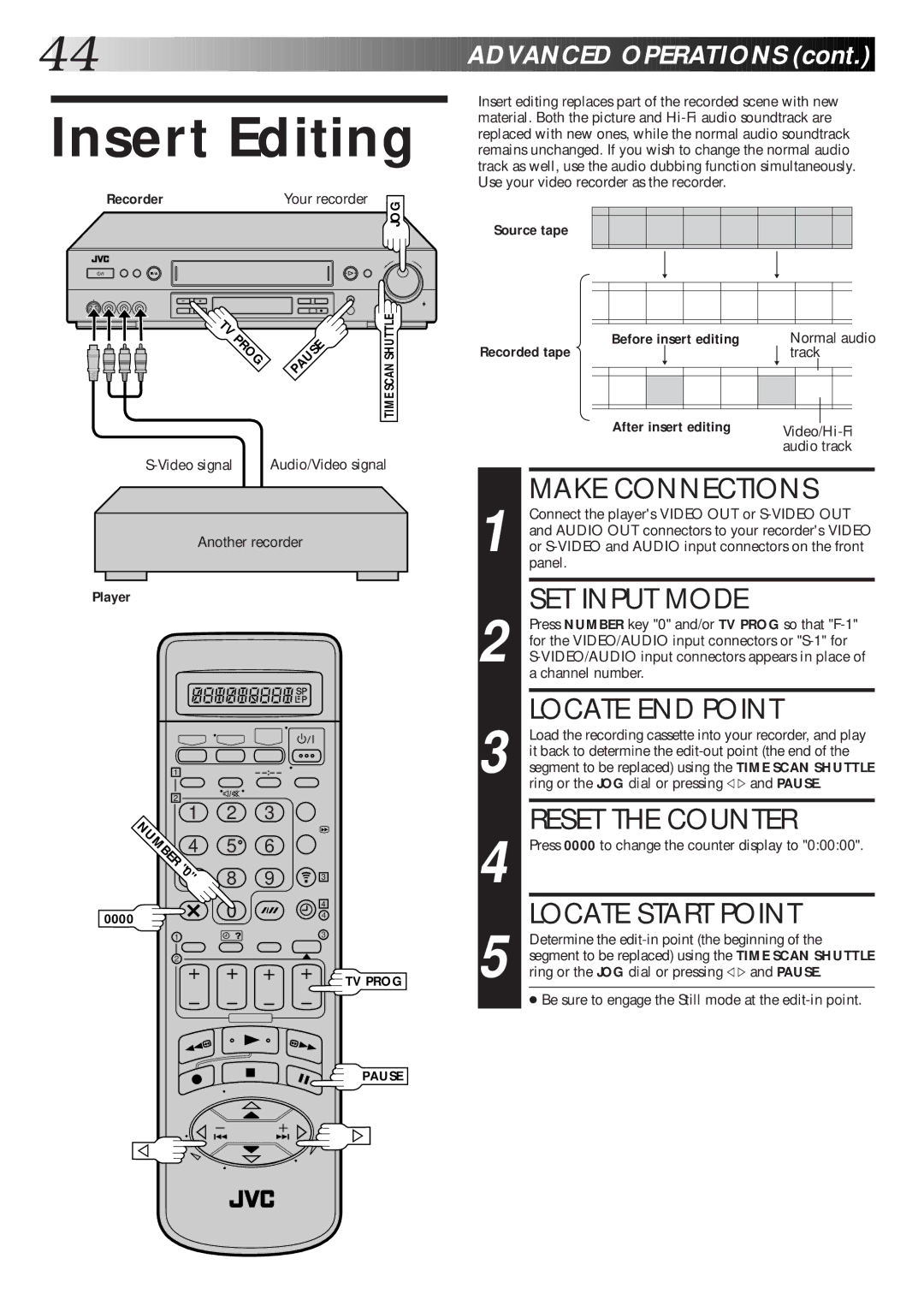 JVC HR-S8600EK setup guide Insert Editing, Locate END Point, Reset the Counter 