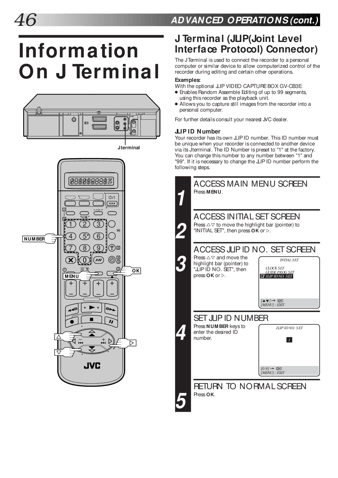 JVC HR-S8600EK Information On J Terminal, Terminal JLIPJoint Level Interface Protocol Connector, Access Initial SET Screen 