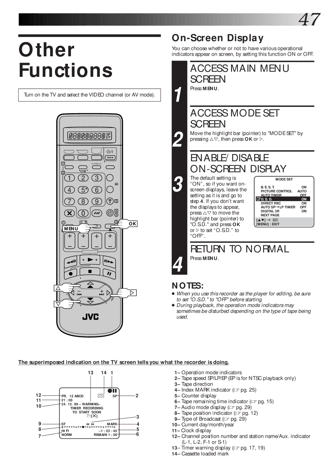 JVC HR-S8600EK setup guide Other Functions, Access Mode SET, Enable/Disable, ON-SCREEN Display, On-Screen Display 