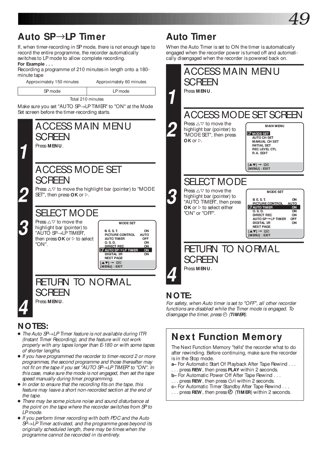 JVC HR-S8600EK setup guide Auto SP→LP Timer, Auto Timer, Next Function Memory 