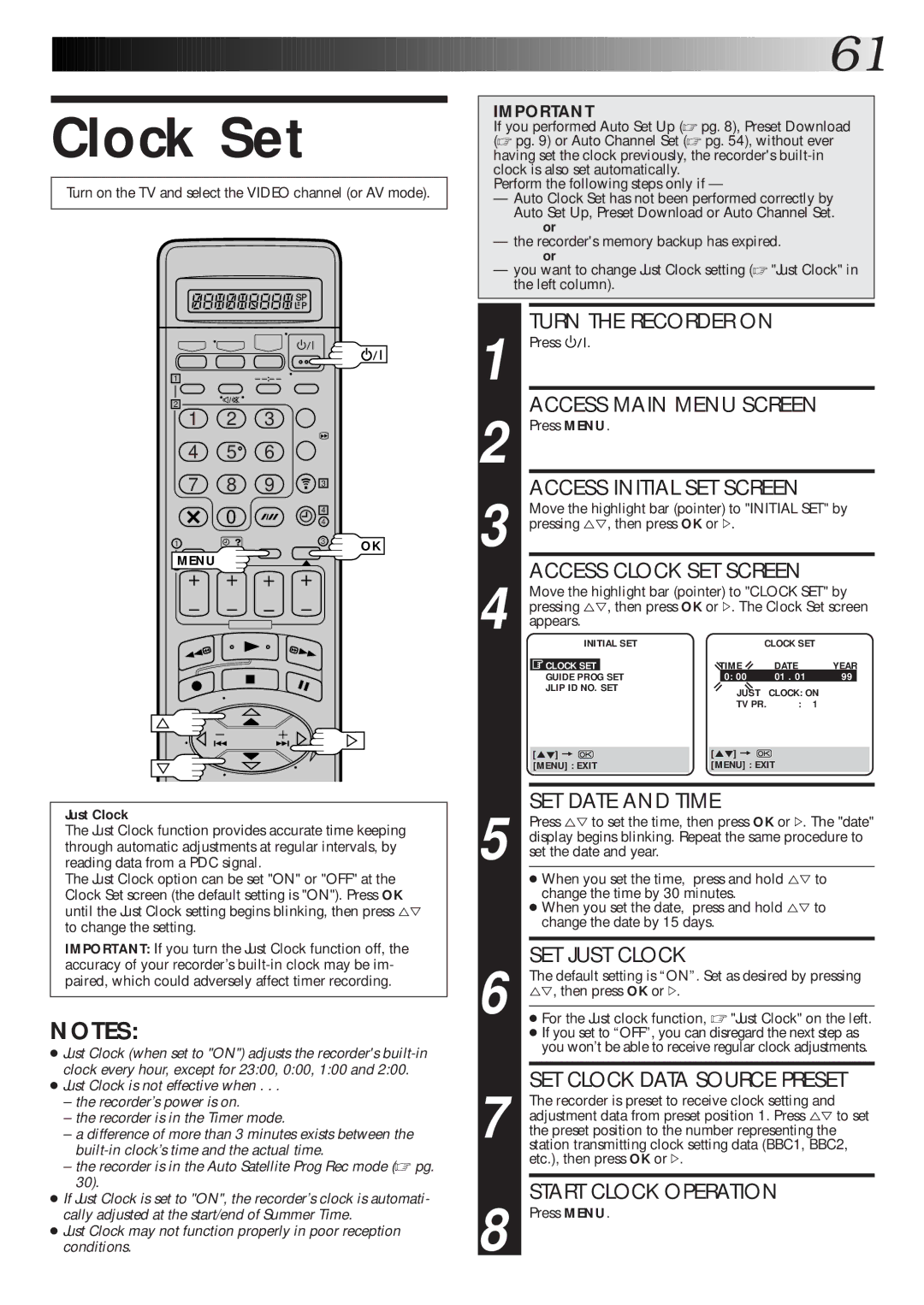 JVC HR-S8600EK setup guide Clock Set, Just Clock 