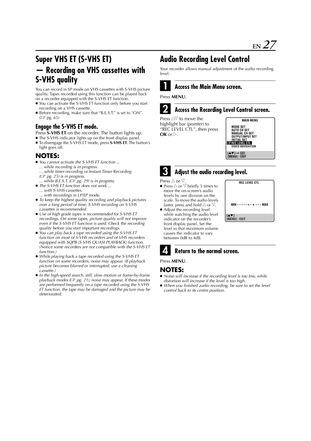 JVC HR-S8700EU specifications Super VHS ET S-VHS ET, Audio Recording Level Control, Engage the S-VHS ET mode 