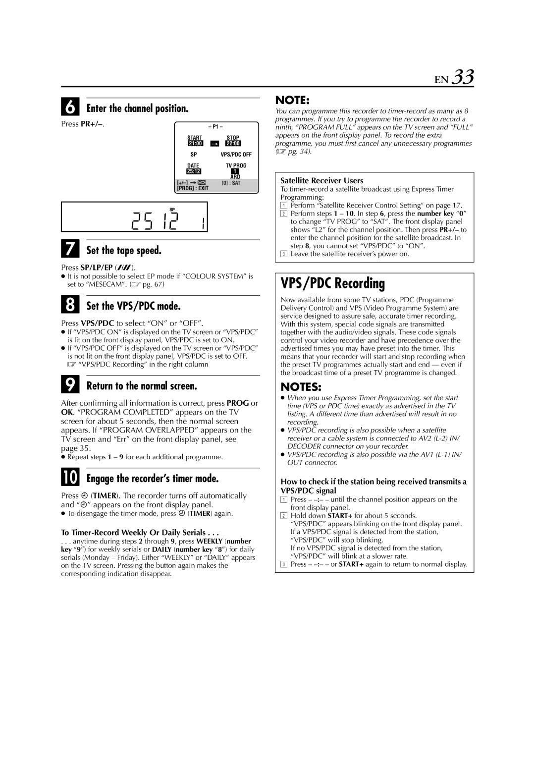 JVC HR-S8700EU VPS/PDC Recording, Enter the channel position, Press PR+, To Timer-Record Weekly Or Daily Serials 