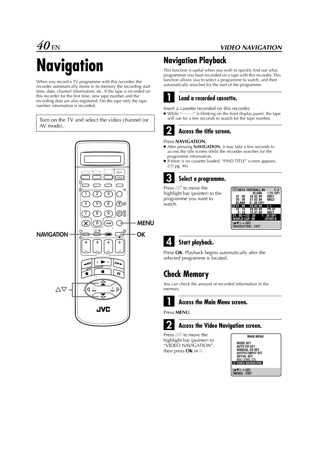 JVC HR-S8700EU specifications 40 EN, Navigation Playback, Check Memory 