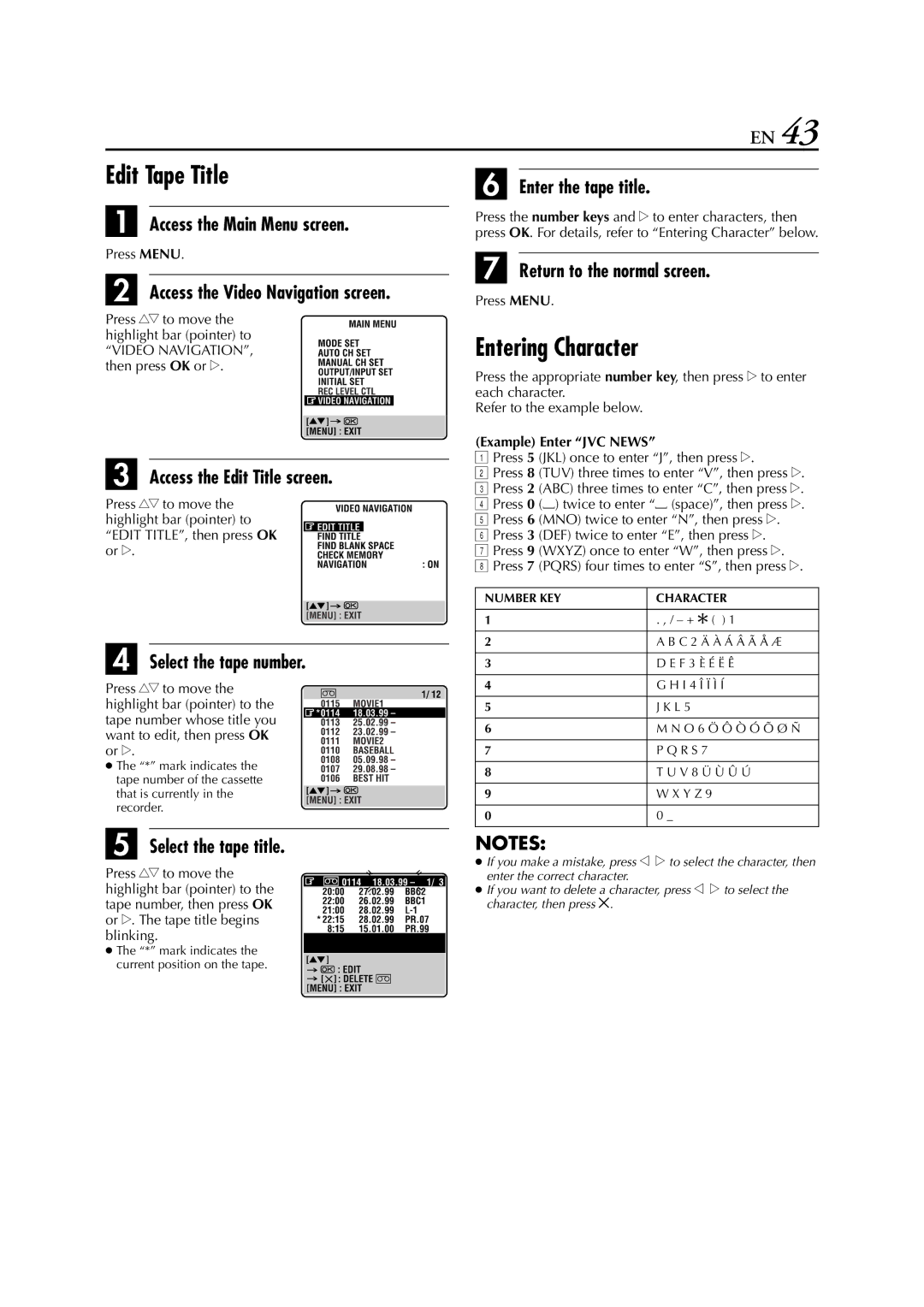 JVC HR-S8700EU specifications Edit Tape Title, Entering Character, Access the Edit Title screen, Select the tape title 