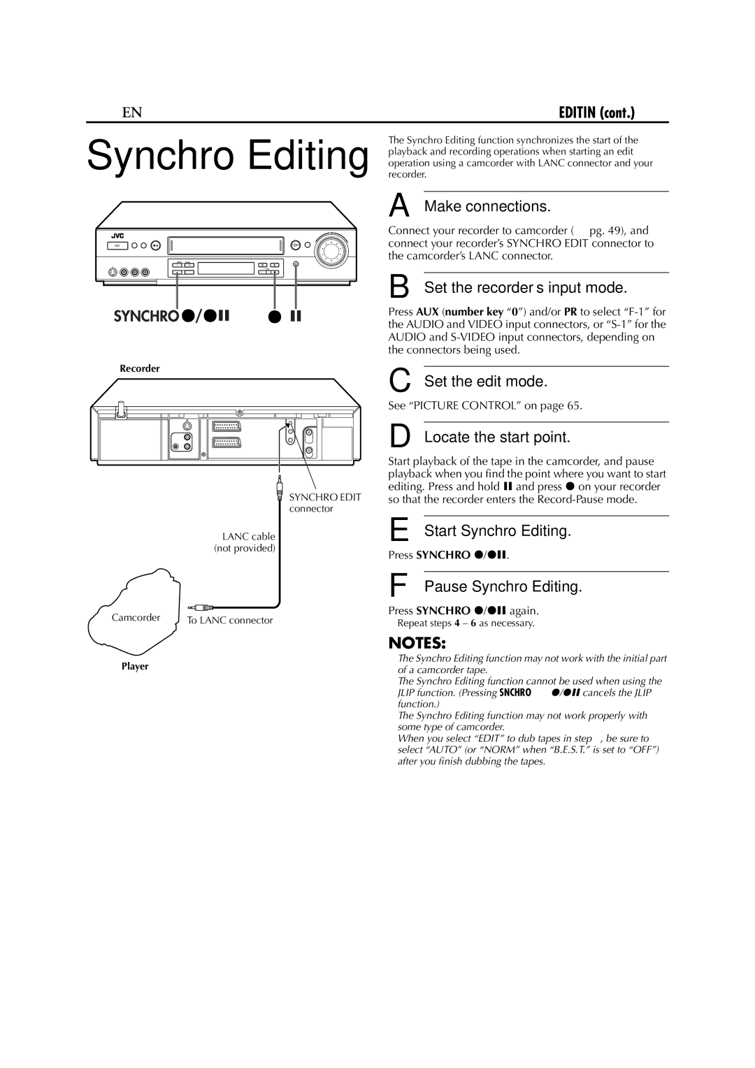 JVC HR-S8700EU specifications 58 EN, Start Synchro Editing, Pause Synchro Editing, Press Synchro 7/79 again 