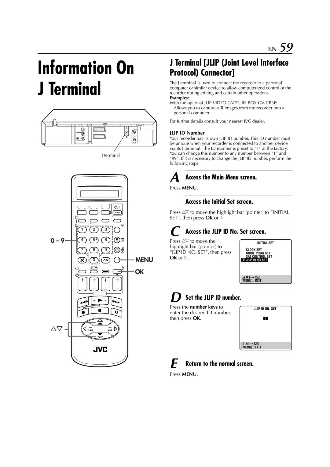 JVC HR-S8700EU specifications Access the Jlip ID No. Set screen, Set the Jlip ID number, Jlip ID Number 