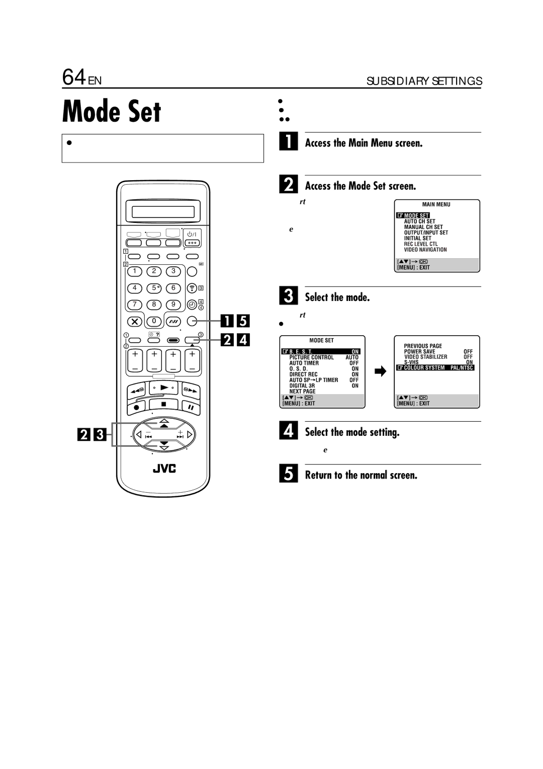 JVC HR-S8700EU specifications 64 EN, Access the Mode Set screen, Select the mode setting 