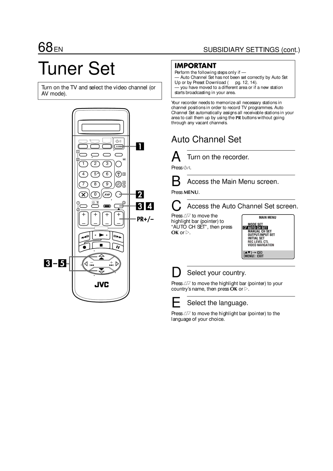 JVC HR-S8700EU specifications Tuner Set, 68 EN, Access the Auto Channel Set screen 