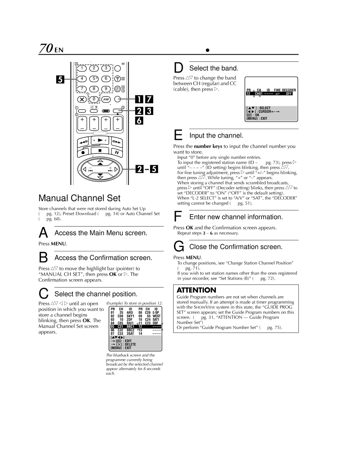 JVC HR-S8700EU specifications 70 EN, Manual Channel Set 