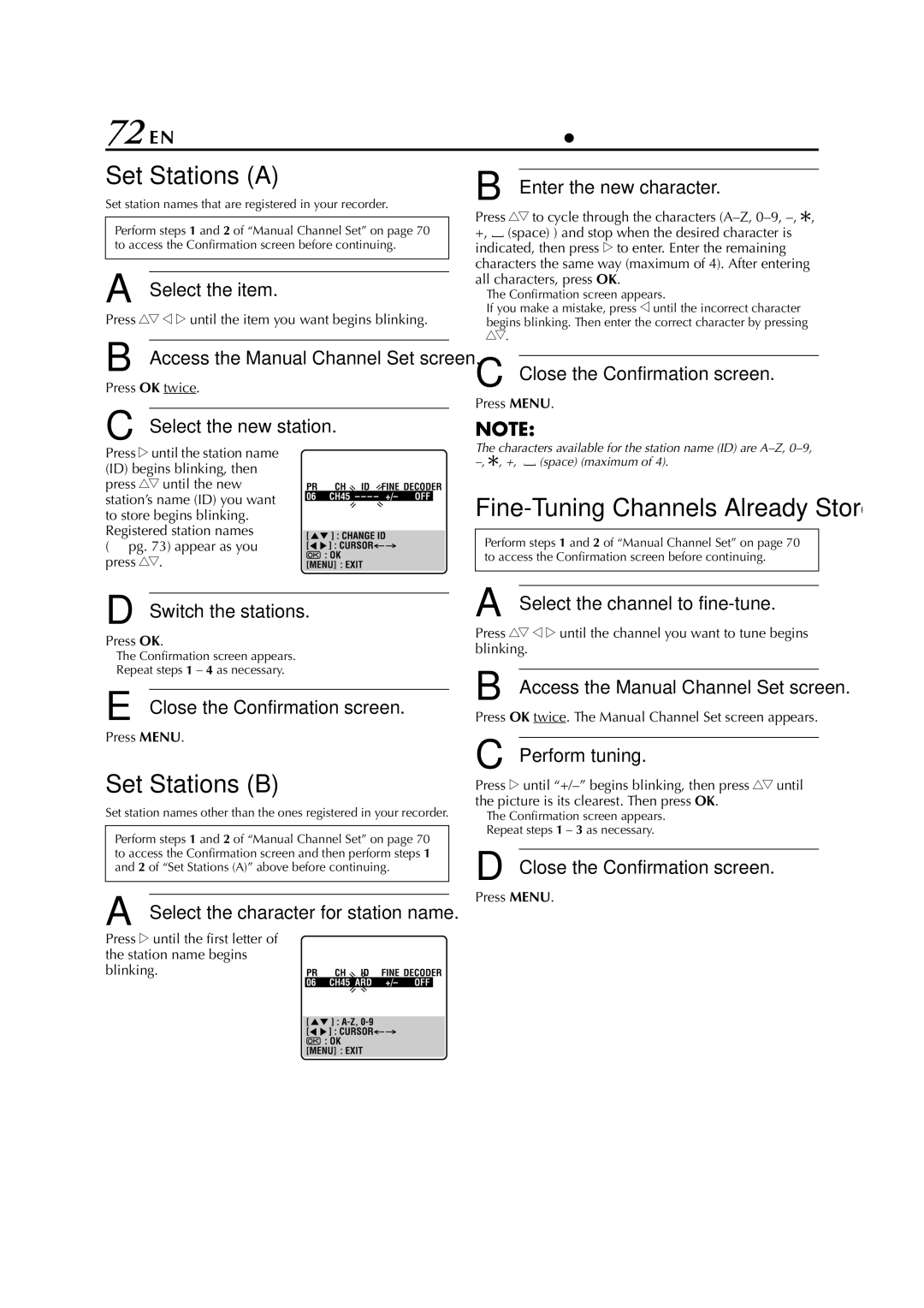 JVC HR-S8700EU specifications 72 EN, Set Stations a, Set Stations B 