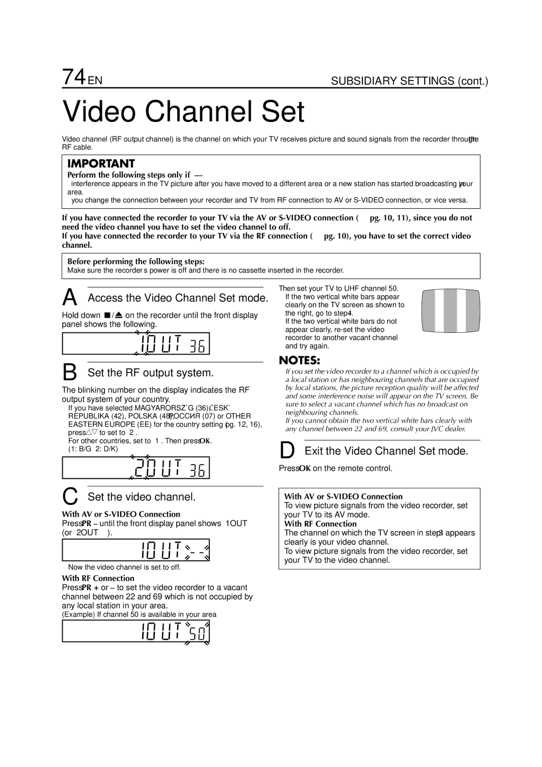 JVC HR-S8700EU 74 EN, Access the Video Channel Set mode, Set the RF output system, Exit the Video Channel Set mode 