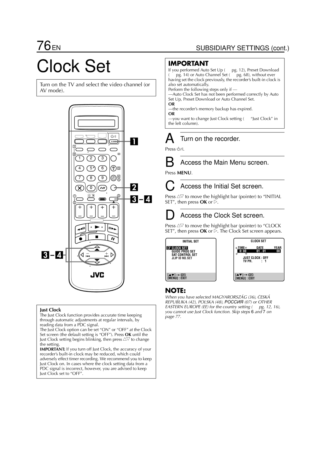 JVC HR-S8700EU specifications 76 EN, Access the Clock Set screen 