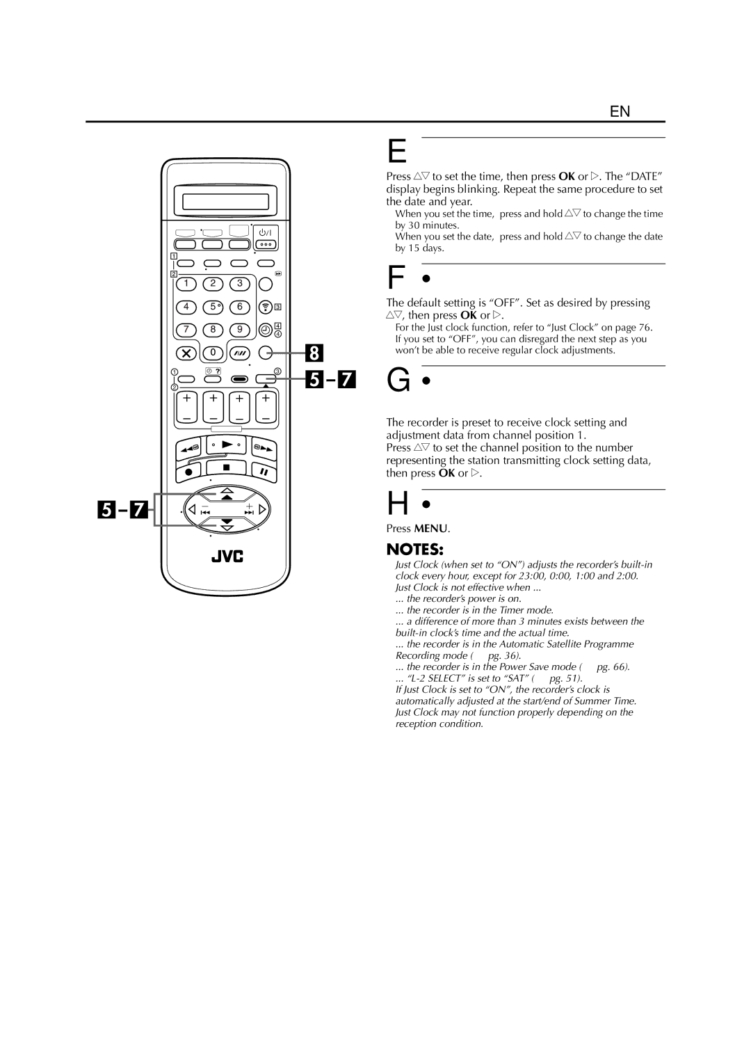 JVC HR-S8700EU specifications Set the date and time, Set Just Clock, Set the source channel position for clock data 