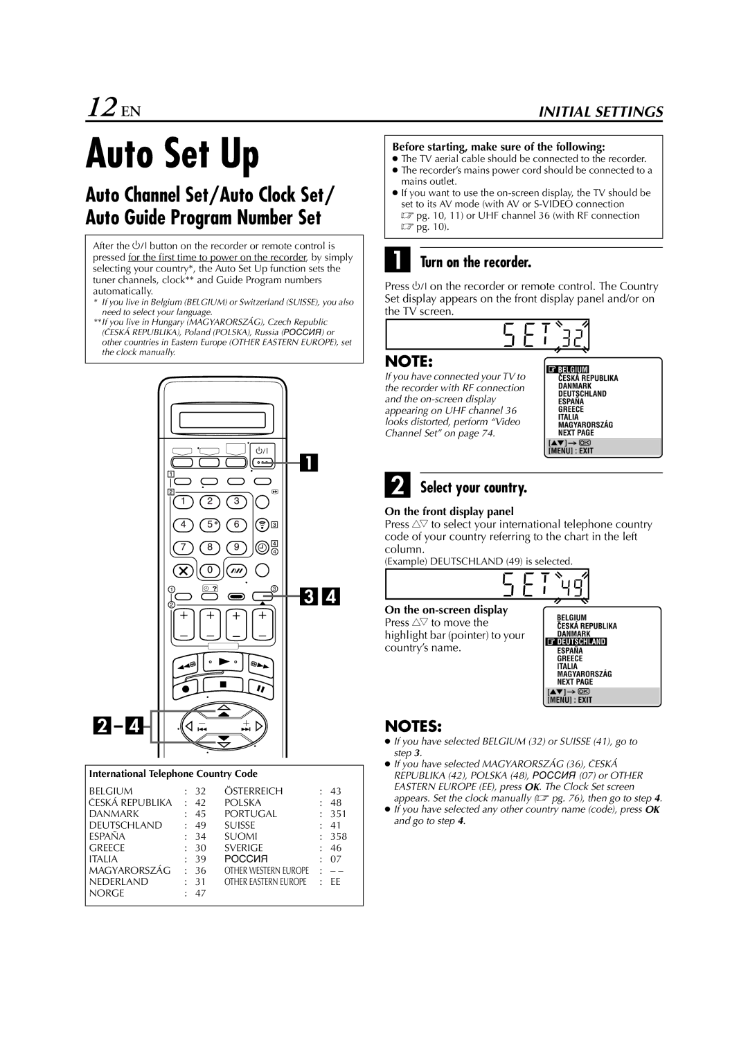 JVC HR-S8700EU specifications Auto Set Up, 12 EN, Turn on the recorder, Select your country 