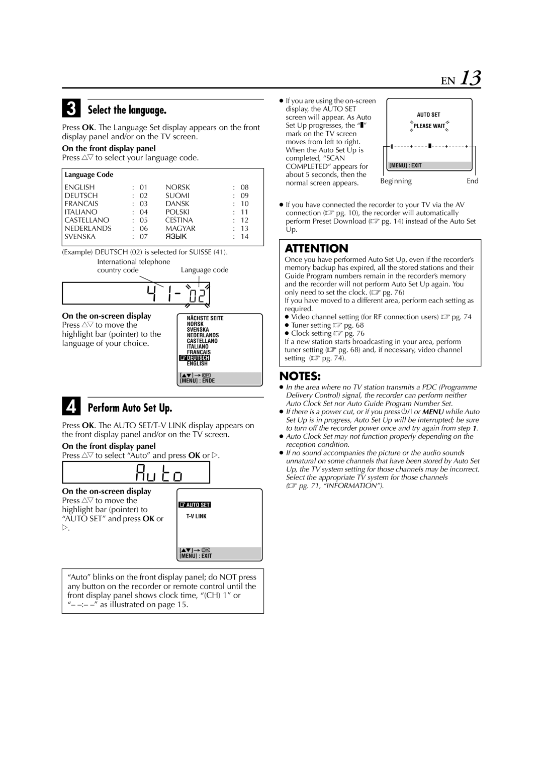 JVC HR-S8700EU Select the language, Perform Auto Set Up, Press rt to select your language code, As illustrated on 