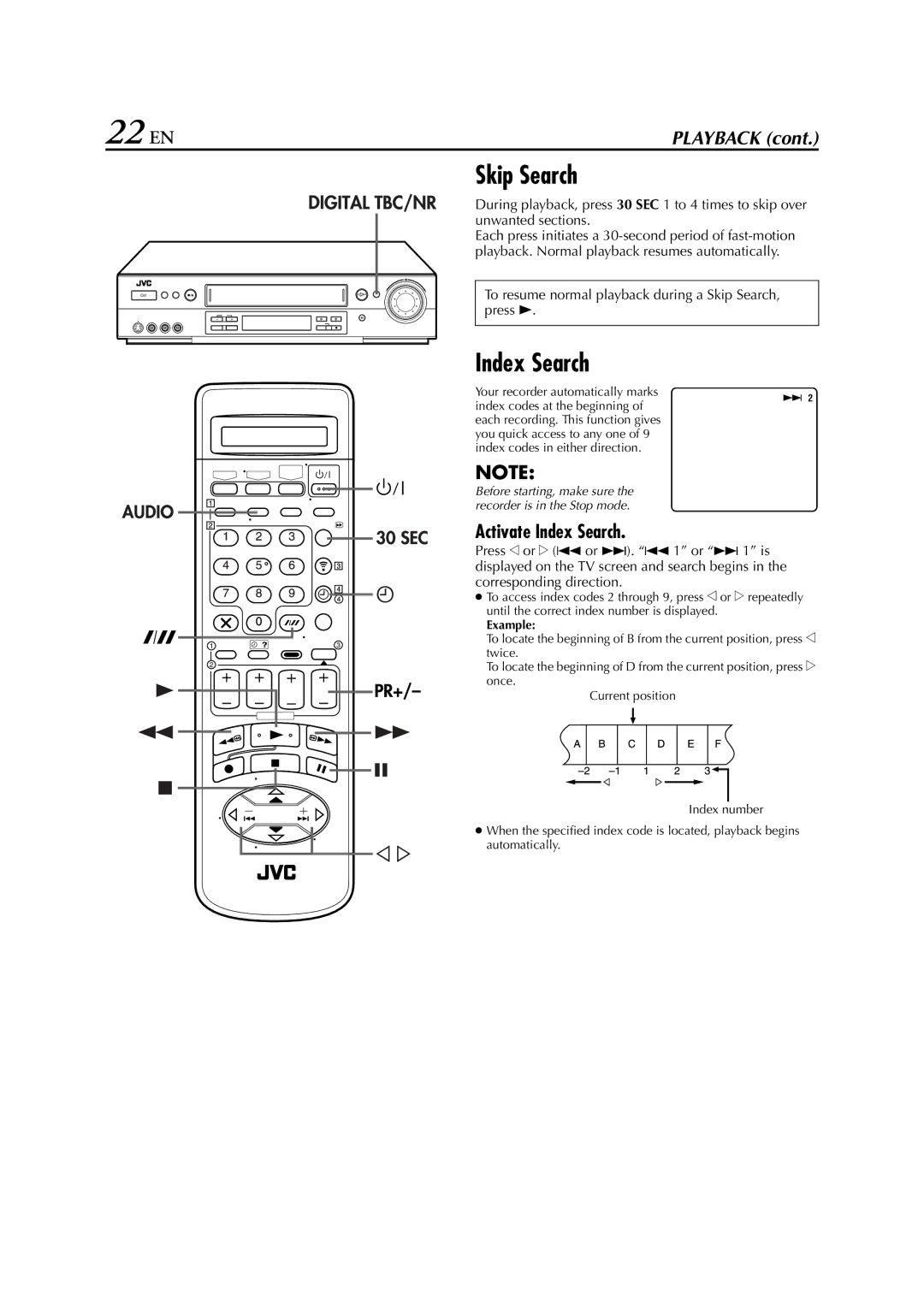 JVC HR-S8700EU specifications 22 EN, Activate Index Search, To resume normal playback during a Skip Search, press 