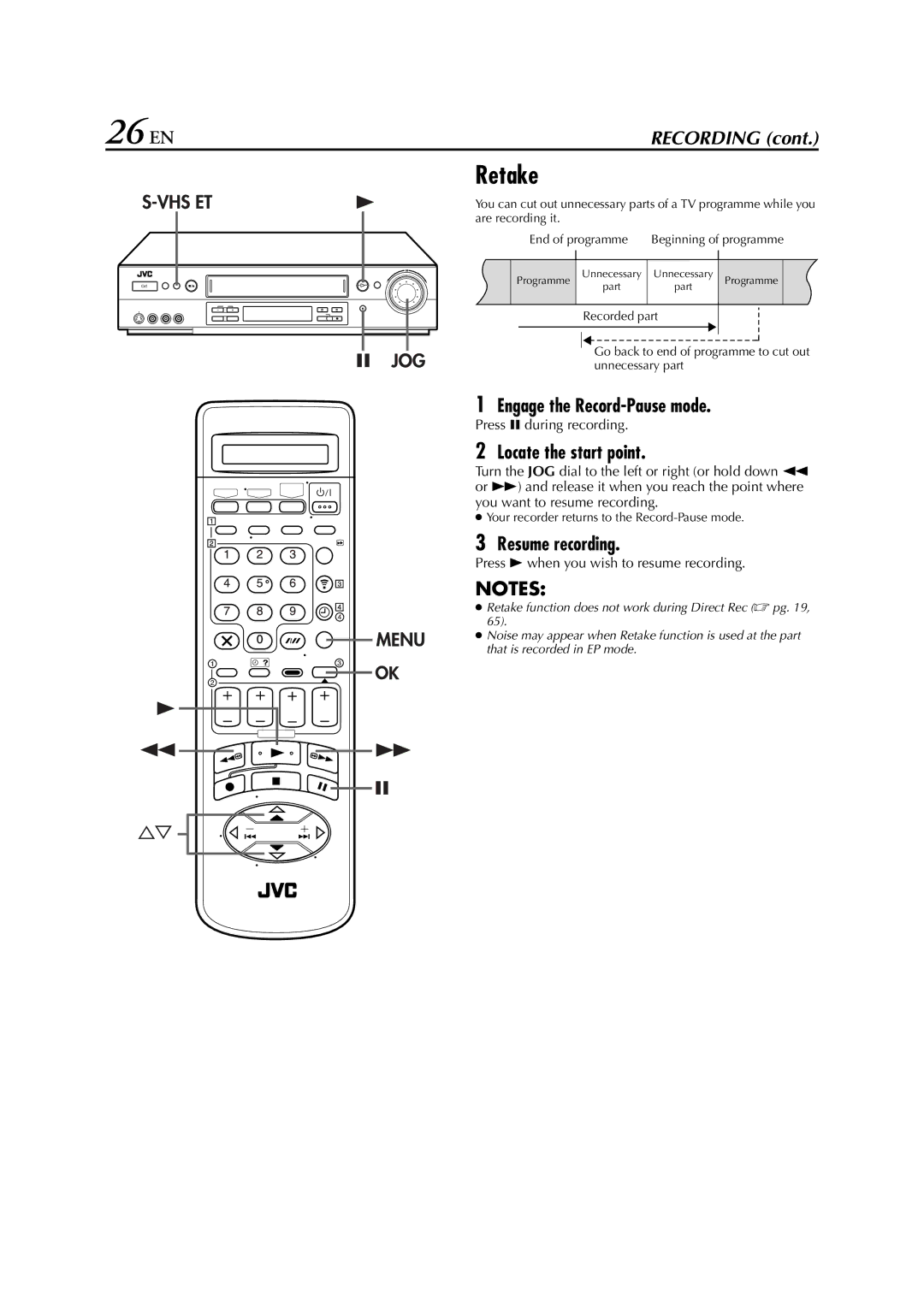 JVC HR-S8700EU specifications 26 EN, Retake, Engage the Record-Pause mode, Locate the start point, Resume recording 