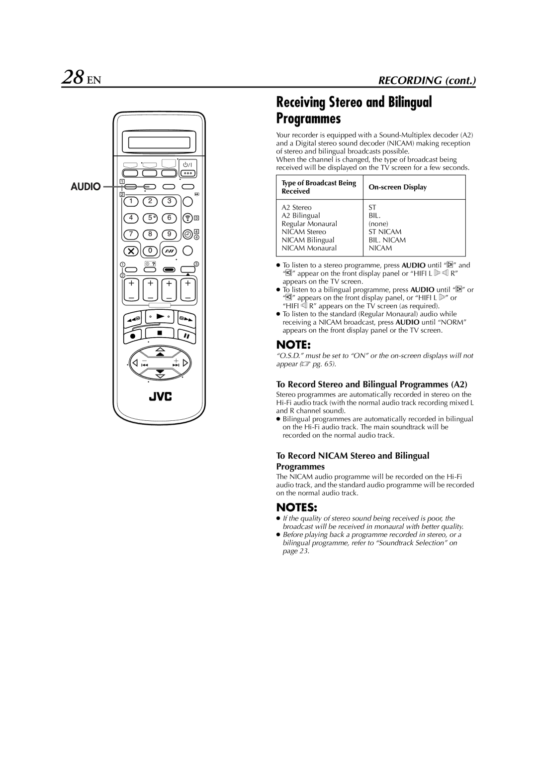 JVC HR-S8700EU specifications Receiving Stereo and Bilingual Programmes, Received 