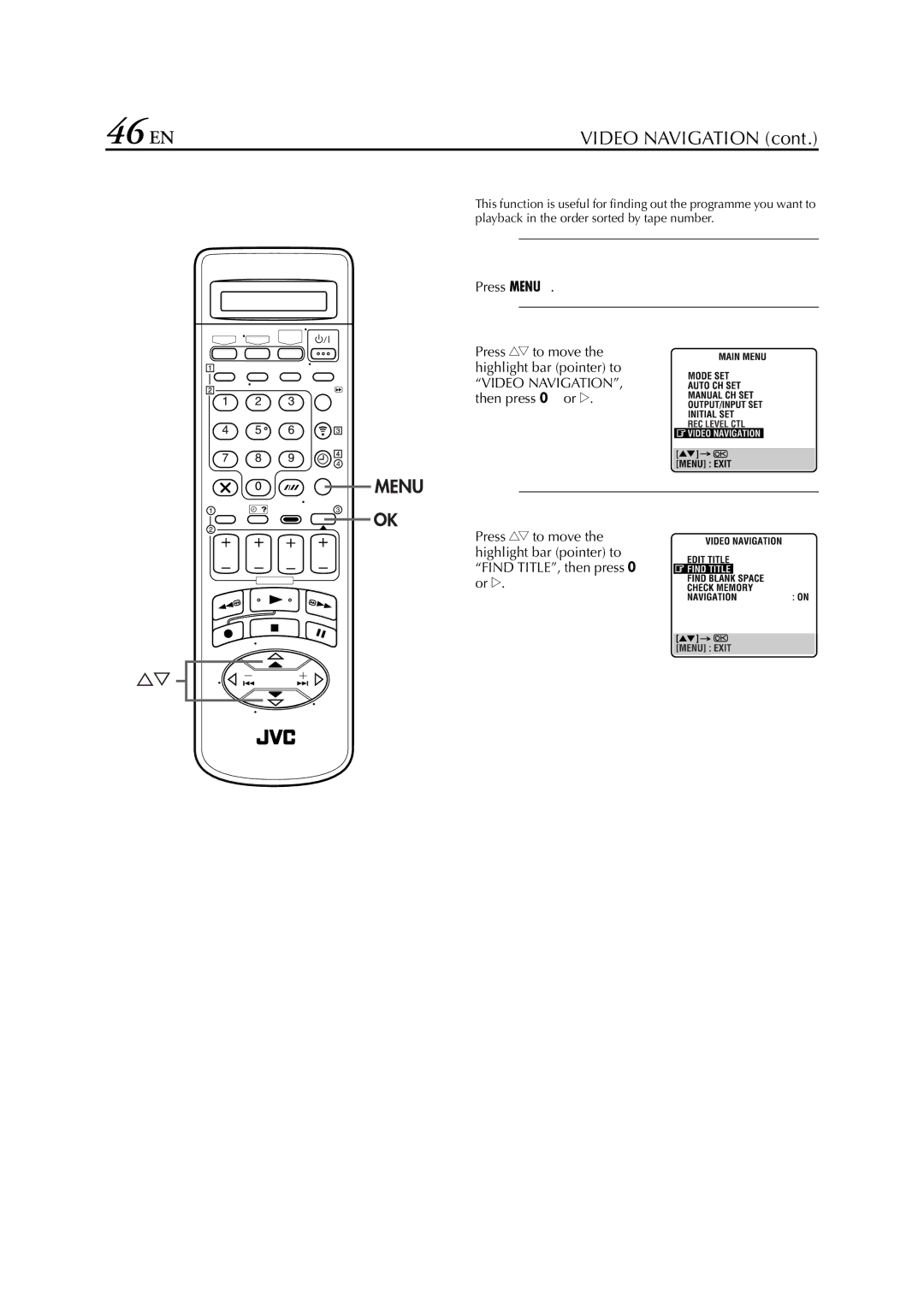 JVC HR-S8700EU specifications 46 EN, Sort By Tape Number, Access the Find Title screen 