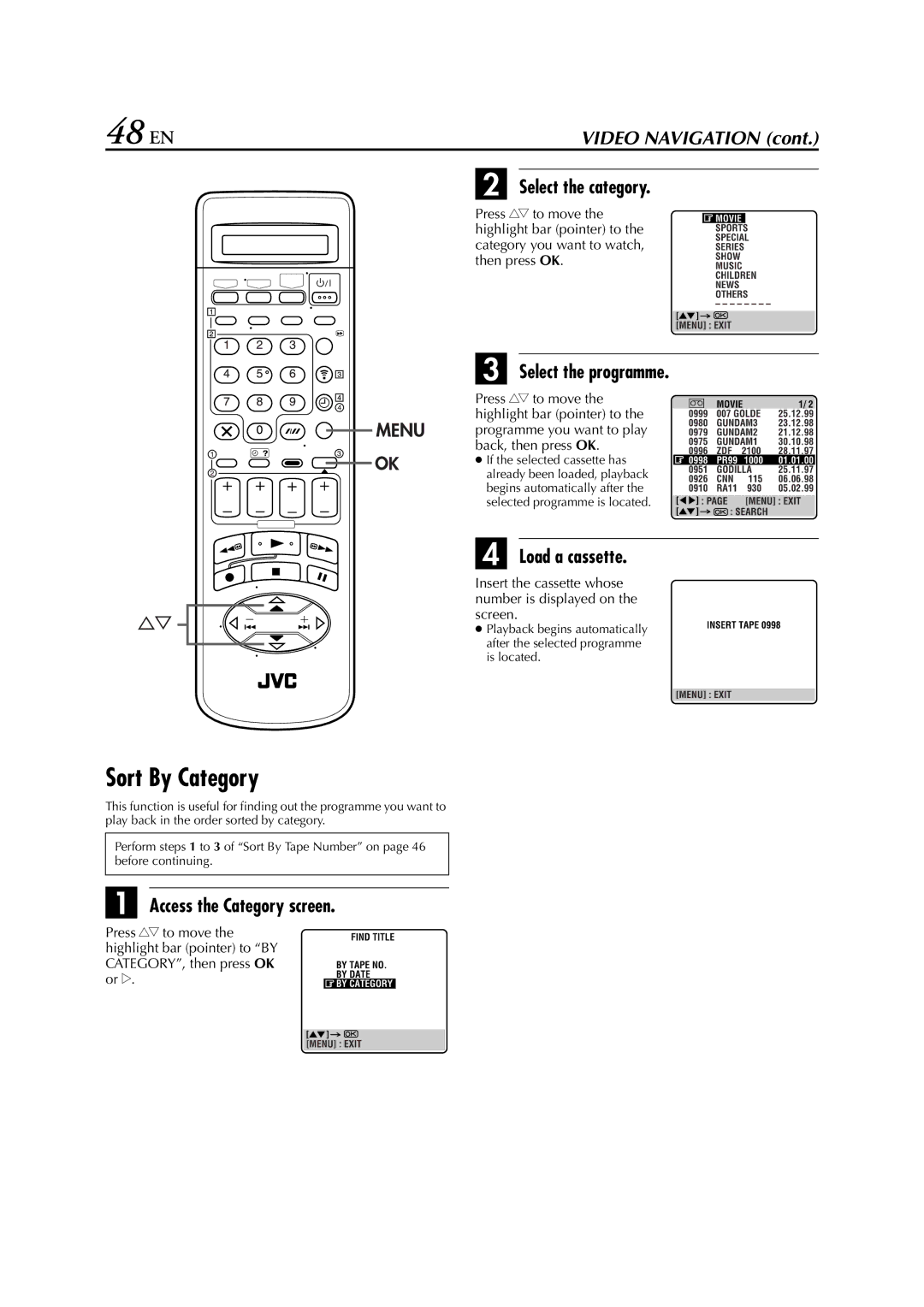 JVC HR-S8700EU 48 EN, Sort By Category, Access the Category screen, Category you want to watch, Then press OK 