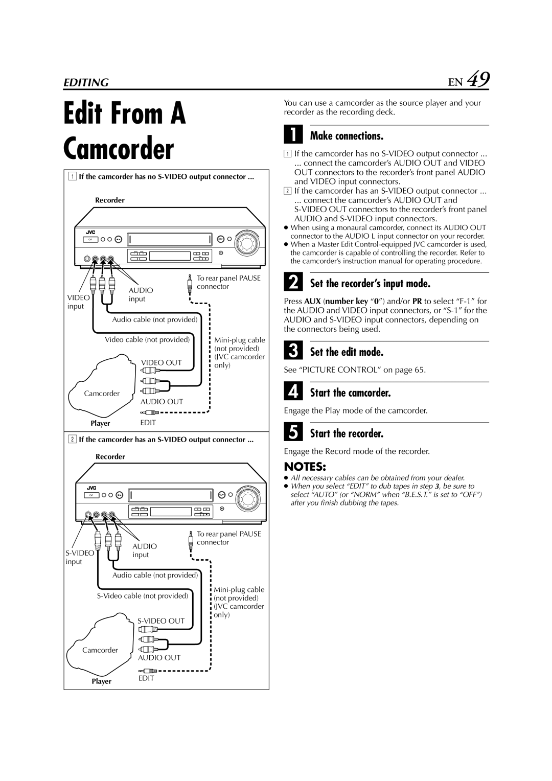 JVC HR-S8700EU specifications Edit From a Camcorder, Set the recorder’s input mode, Set the edit mode, Start the camcorder 