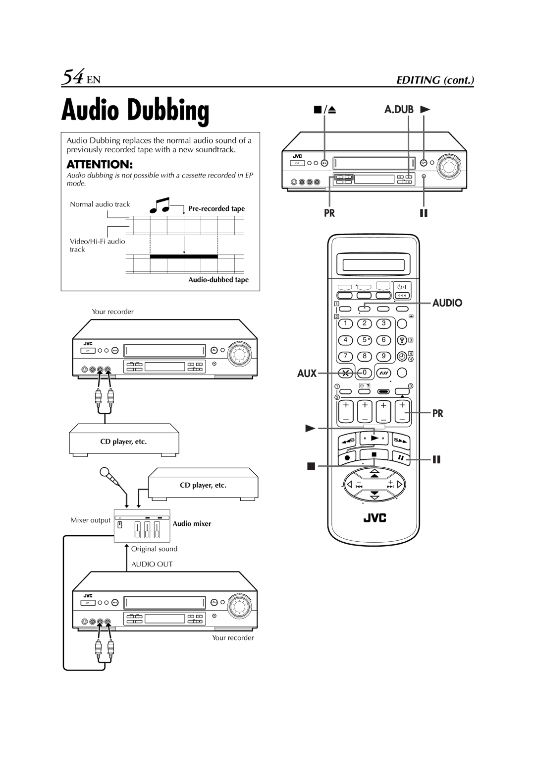 JVC HR-S8700EU specifications Audio Dubbing, 54 EN 