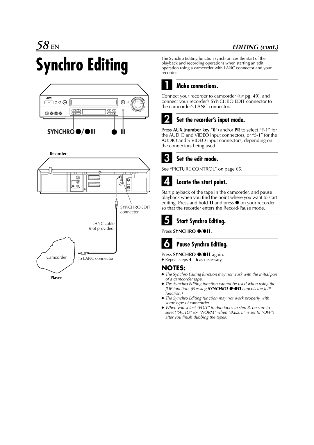 JVC HR-S8700EU specifications 58 EN, Start Synchro Editing, Pause Synchro Editing, Press Synchro 7/79 again 