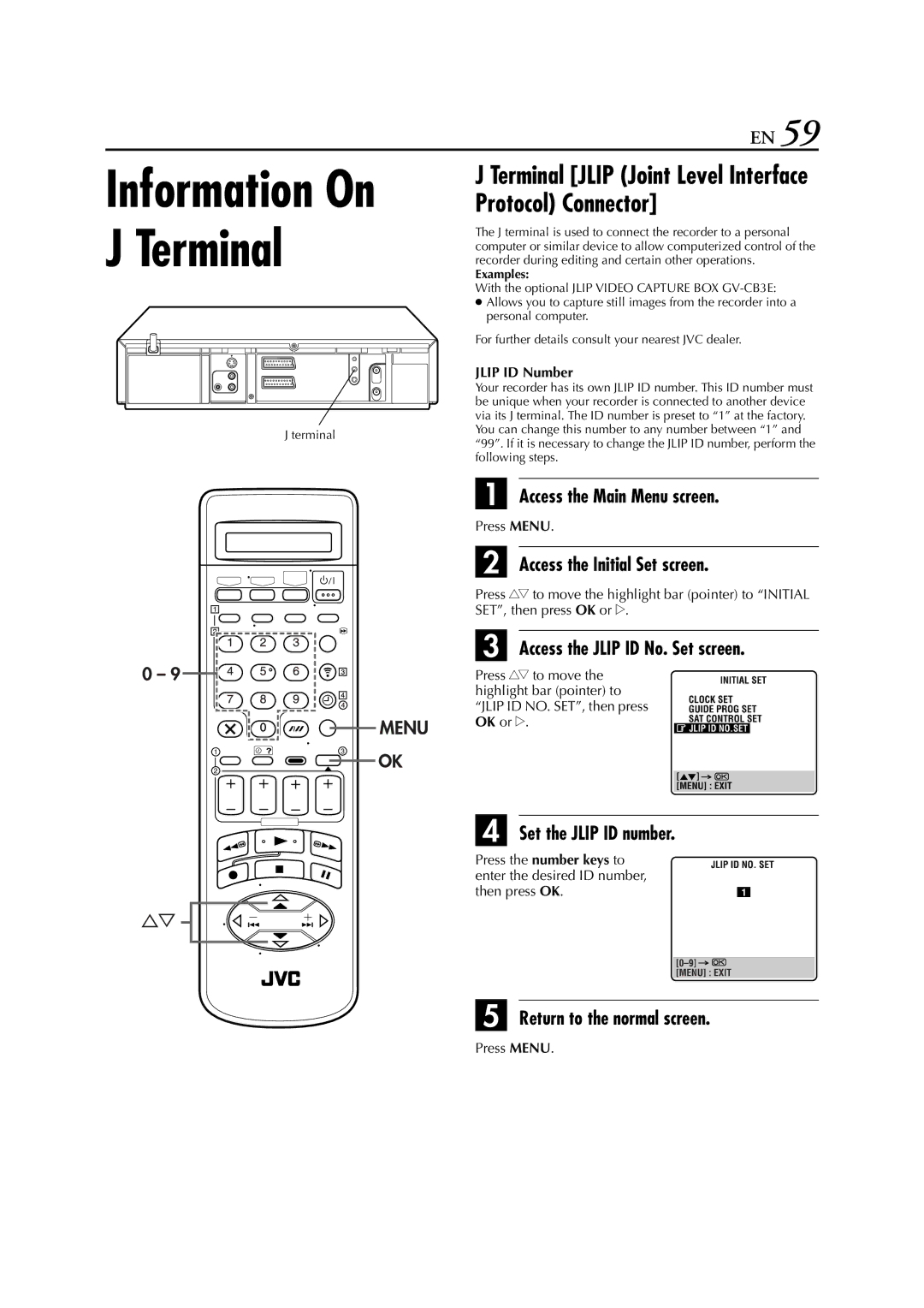 JVC HR-S8700EU specifications Access the Jlip ID No. Set screen, Set the Jlip ID number, Jlip ID Number 