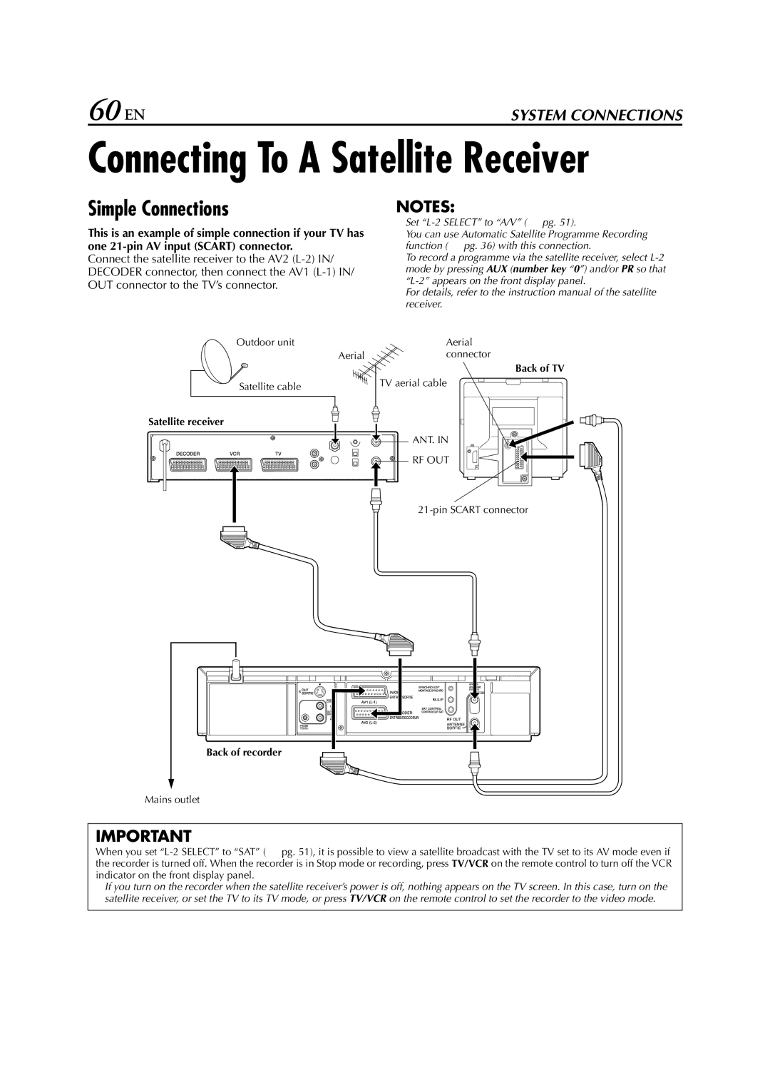 JVC HR-S8700EU specifications Connecting To a Satellite Receiver, Simple Connections 