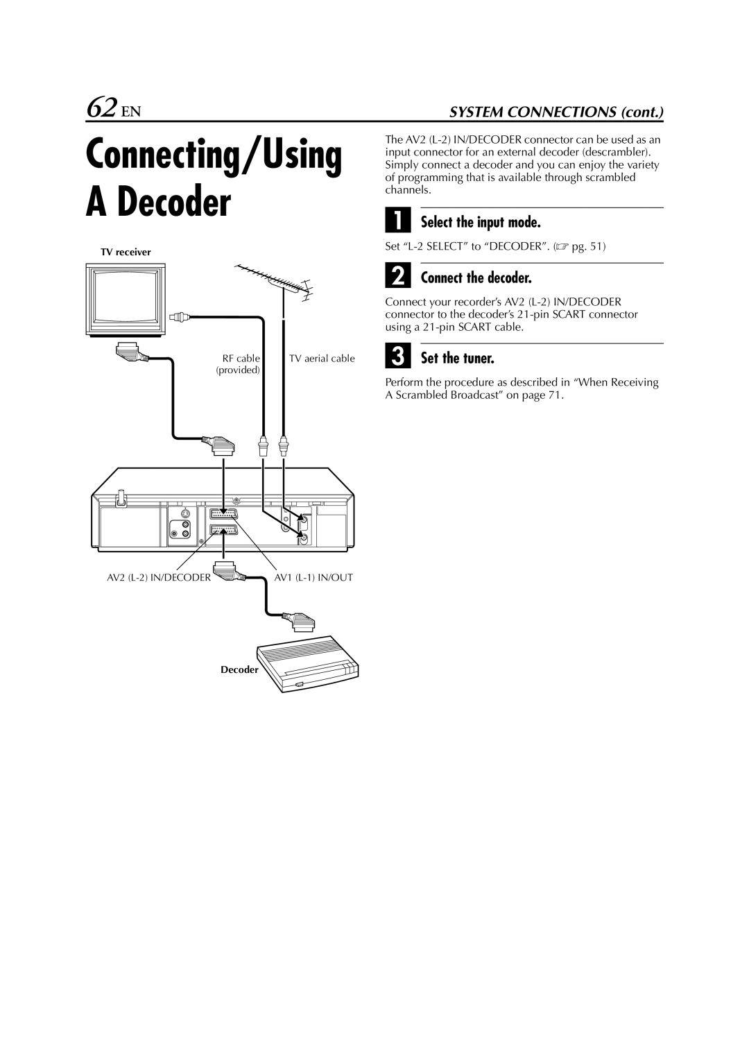 JVC HR-S8700EU 62 EN, Select the input mode, Connect the decoder, Set the tuner, Set L-2 Select to DECODER.  pg 