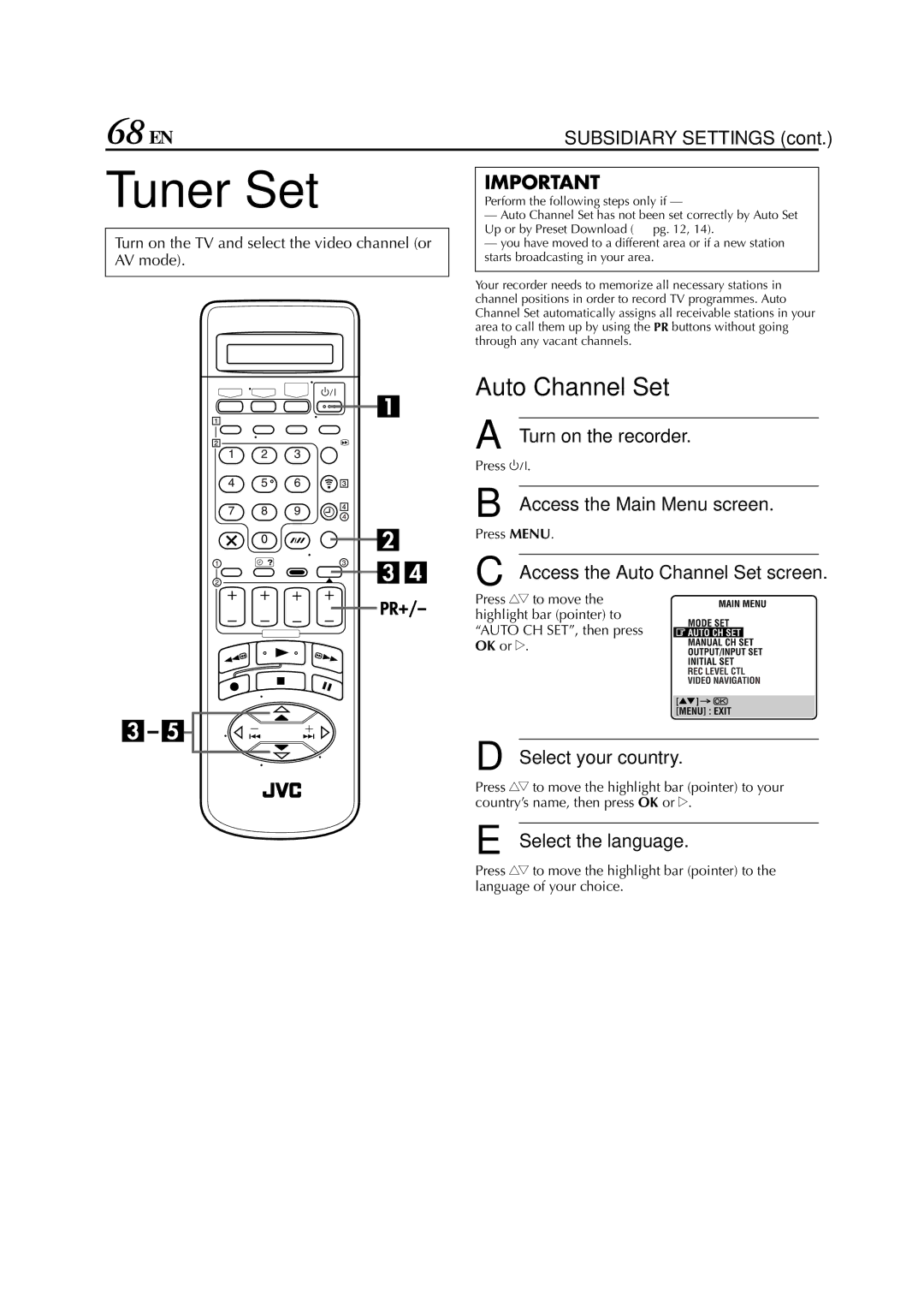 JVC HR-S8700EU specifications Tuner Set, 68 EN, Access the Auto Channel Set screen 