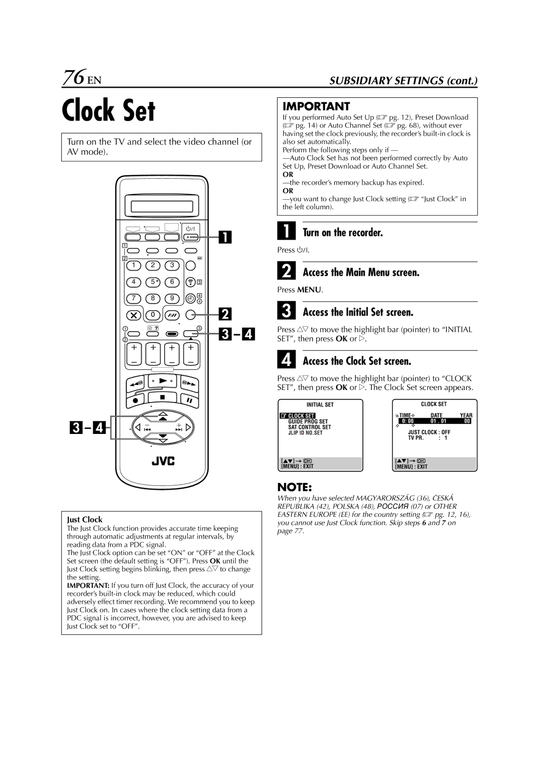 JVC HR-S8700EU specifications 76 EN, Access the Clock Set screen 