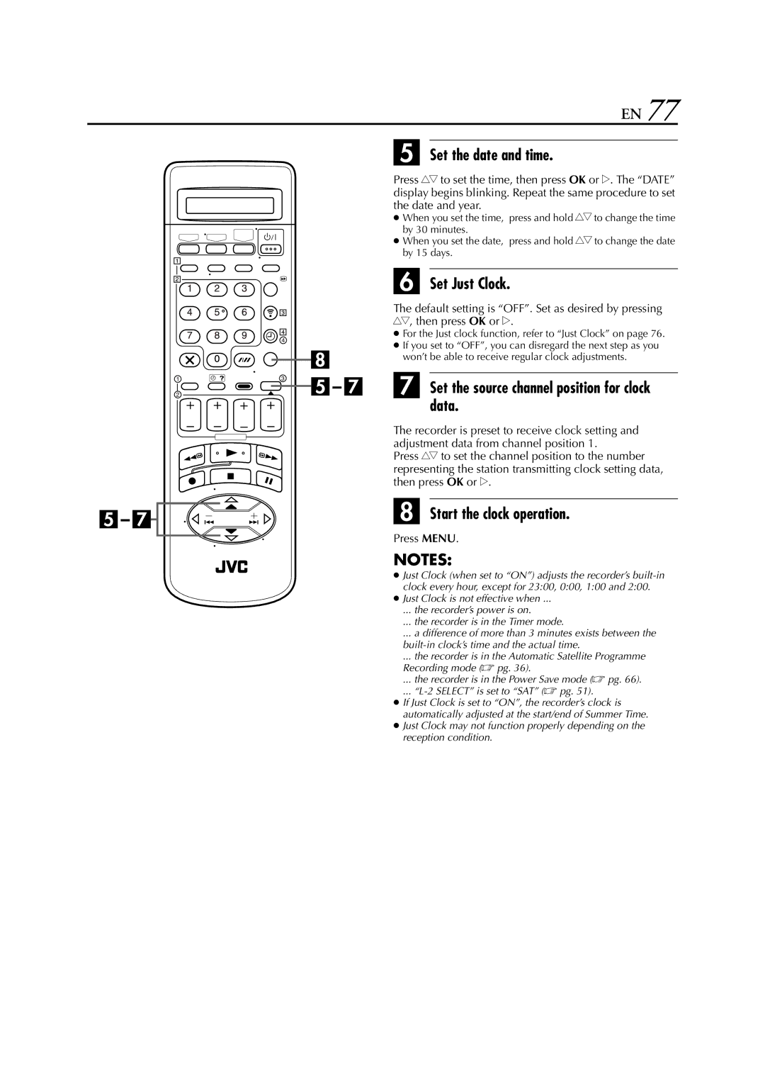 JVC HR-S8700EU specifications Set the date and time, Set Just Clock, Set the source channel position for clock data 