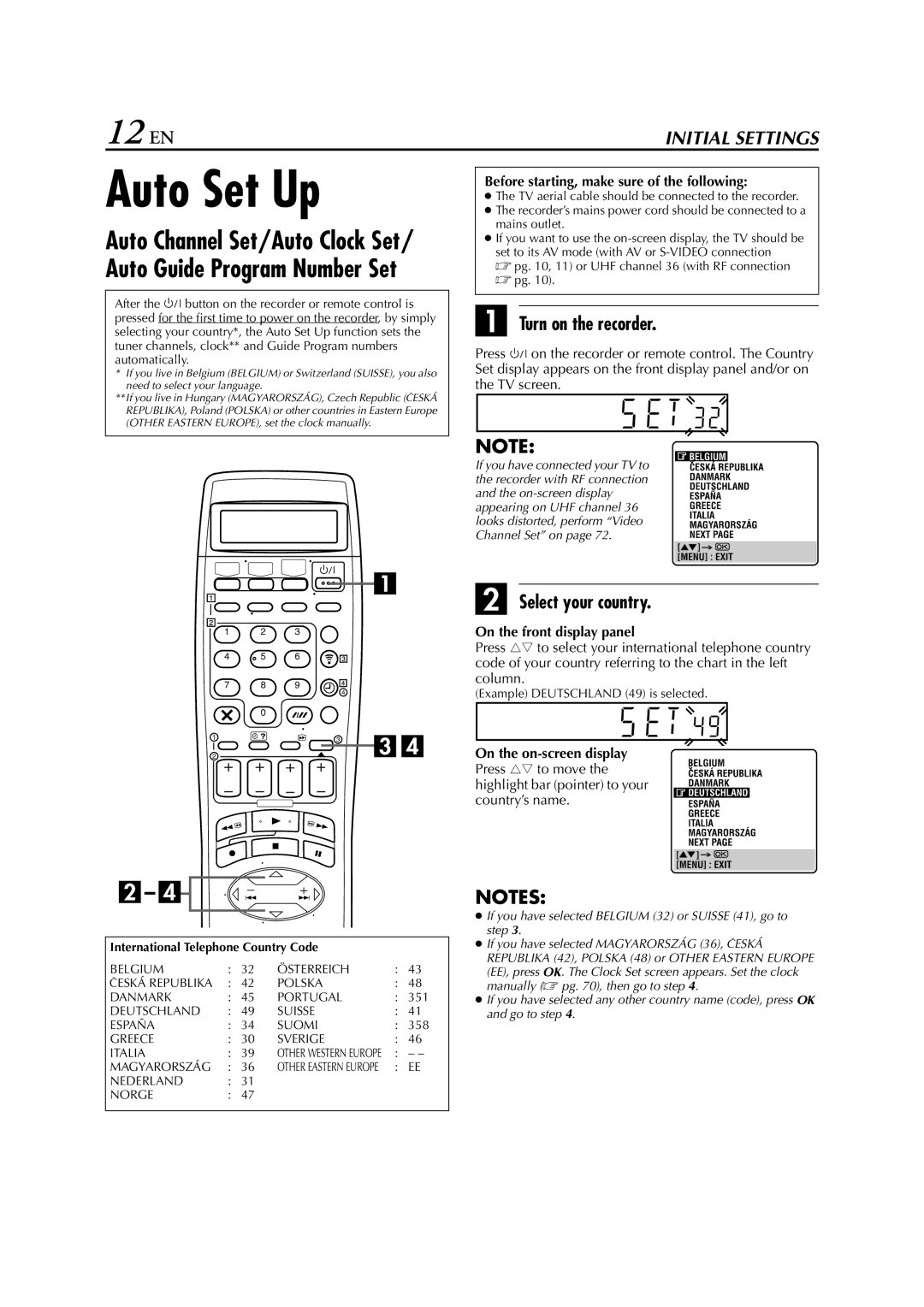 JVC HR-S8850EU specifications Auto Set Up, 12 EN, Turn on the recorder, Select your country 