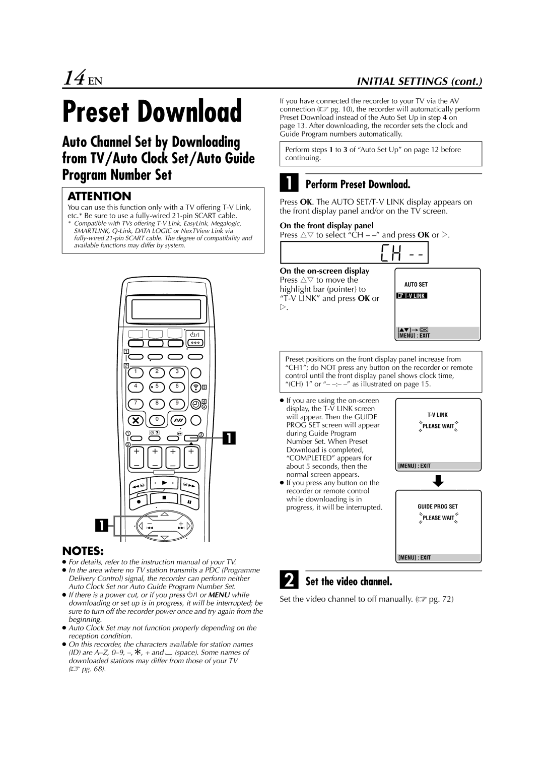 JVC HR-S8850EU 14 EN, Perform Preset Download, Set the video channel, Press rt to select CH - and press OK or e 