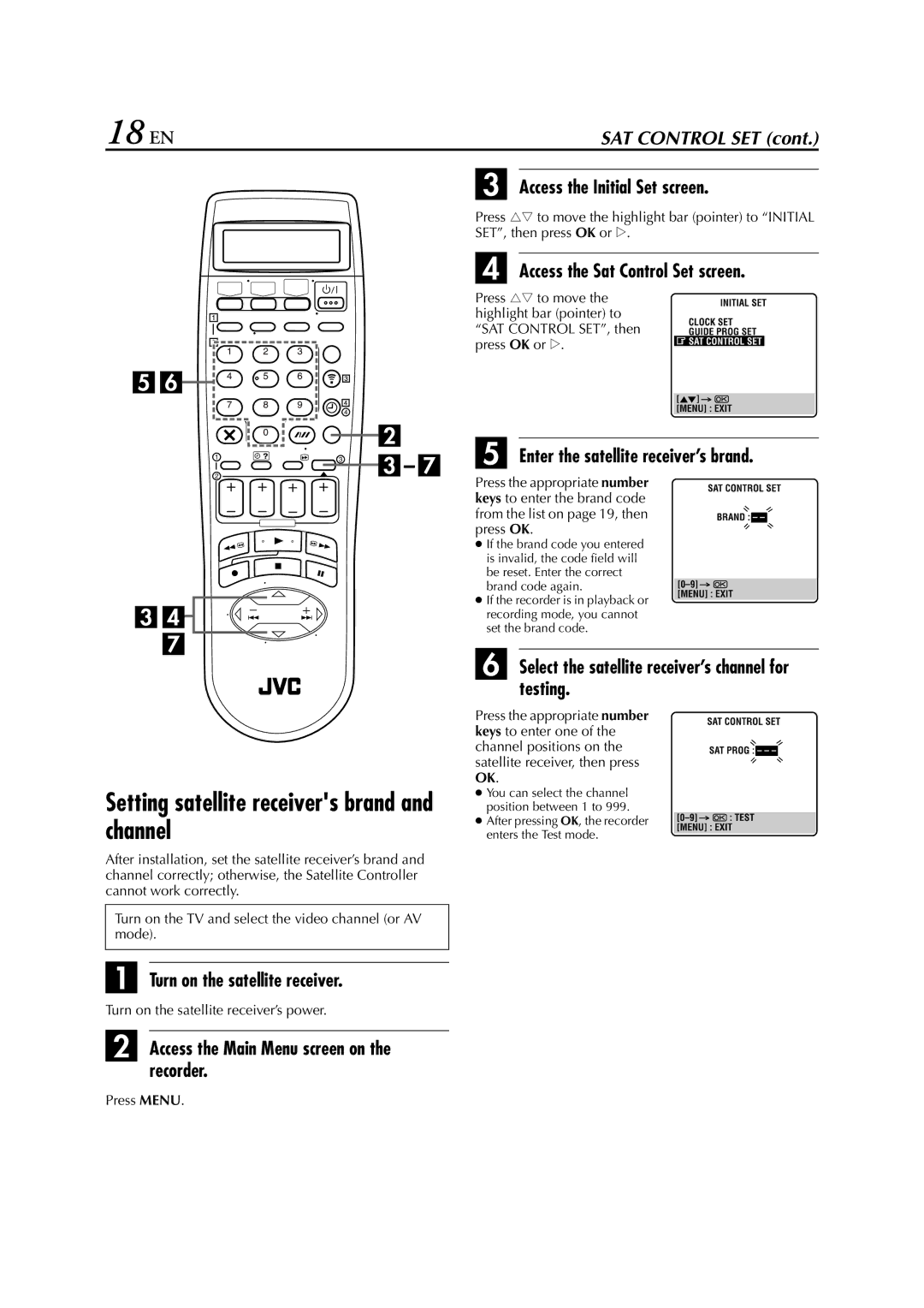 JVC HR-S8850EU specifications 18 EN, Setting satellite receivers brand and channel 