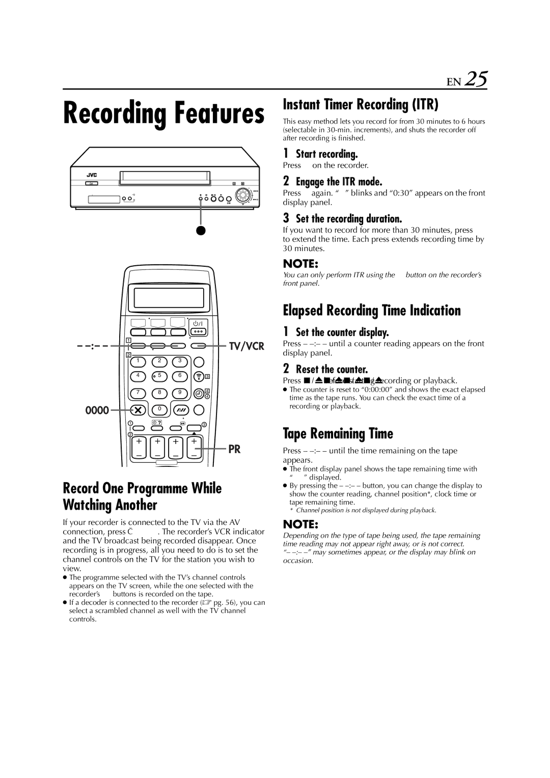 JVC HR-S8850EU specifications Instant Timer Recording ITR, Tape Remaining Time 