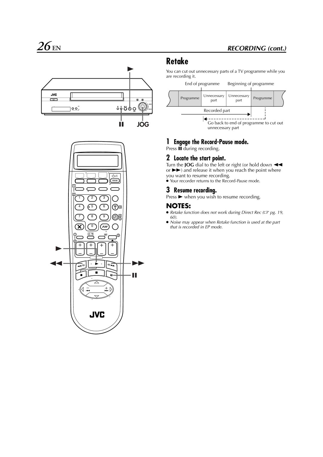 JVC HR-S8850EU specifications 26 EN, Retake, Engage the Record-Pause mode, Locate the start point, Resume recording 