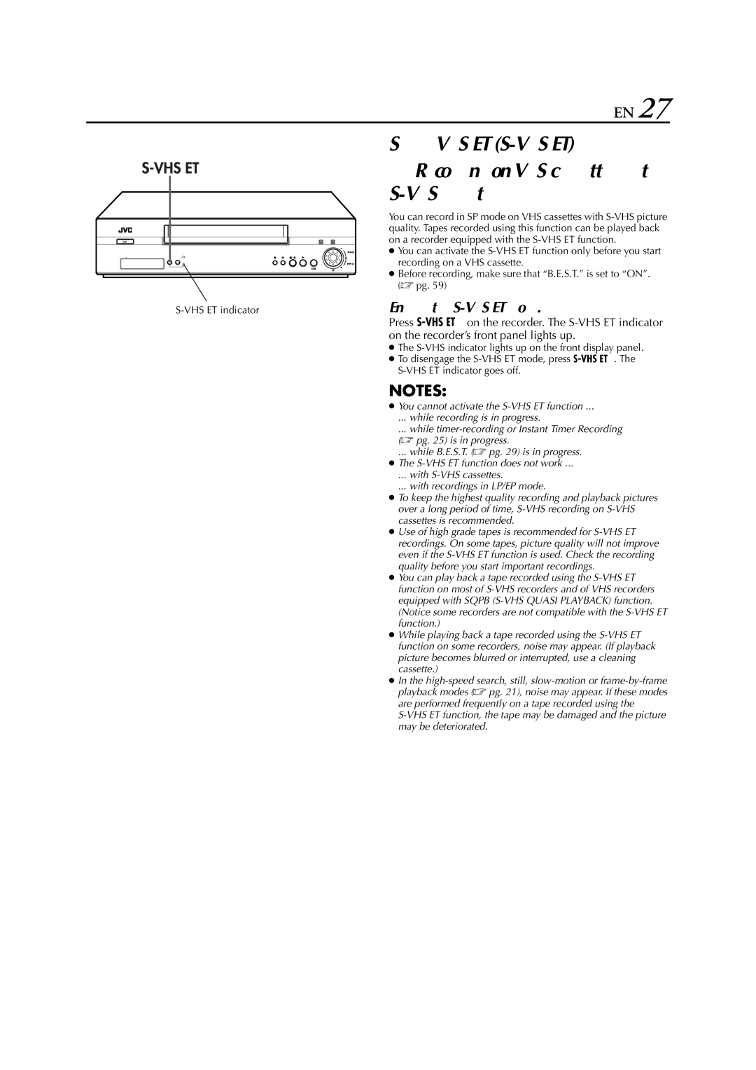 JVC HR-S8850EU specifications Engage the S-VHS ET mode 