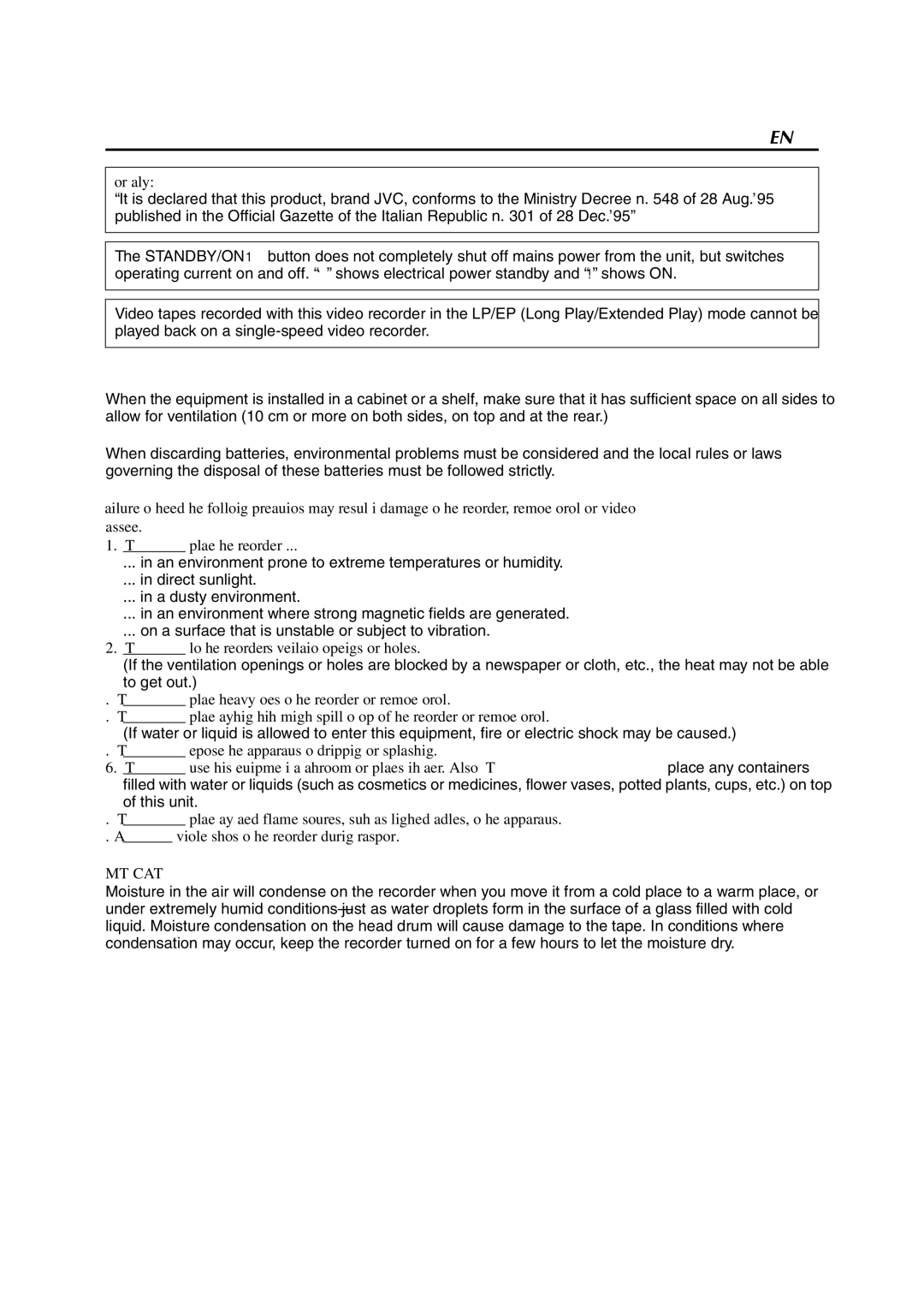 JVC HR-S8850EU specifications Moisture Condensation 