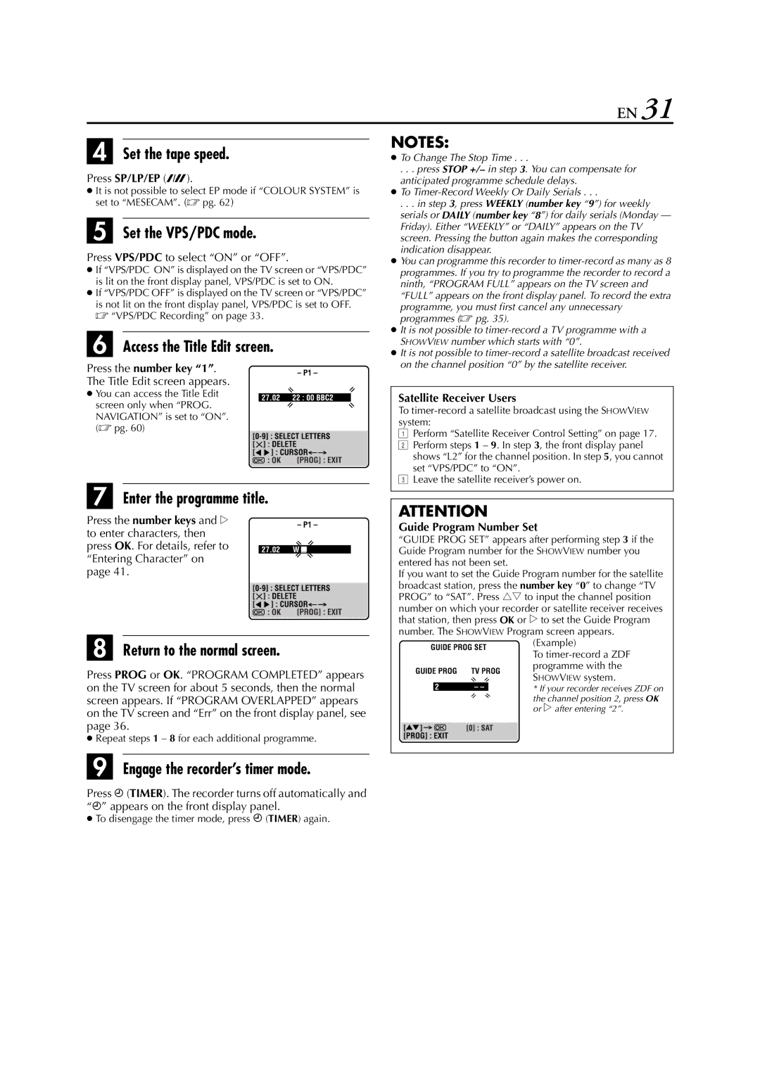 JVC HR-S8850EU specifications Set the VPS/PDC mode, Access the Title Edit screen, Enter the programme title 