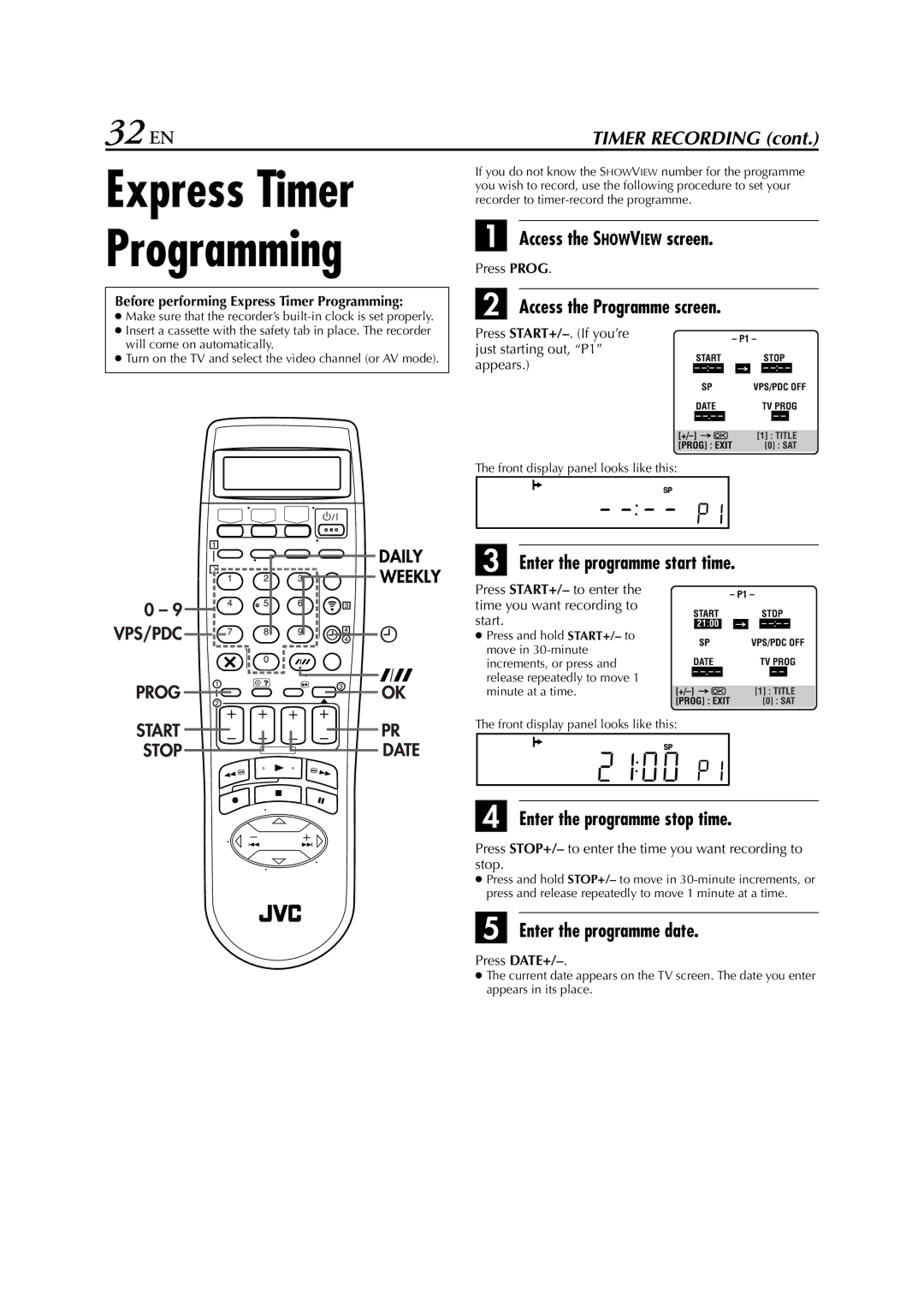 JVC HR-S8850EU specifications Express Timer Programming, 32 EN 