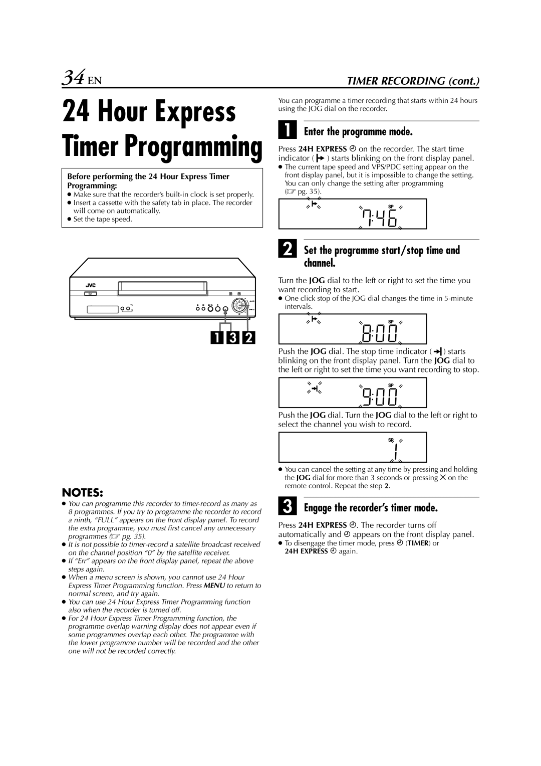 JVC HR-S8850EU specifications 34 EN, Enter the programme mode, Set the programme start/stop time and channel 