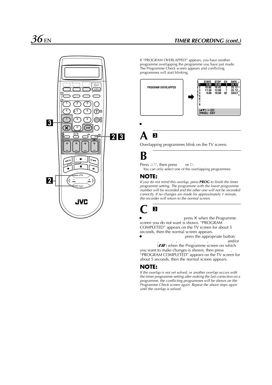 JVC HR-S8850EU Confirm the overlapping programmes, Select the programme to modify, Cancel or change programme setting 