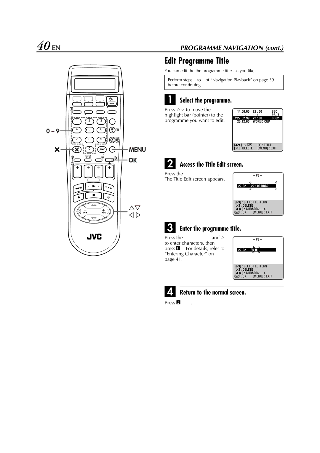 JVC HR-S8850EU specifications 40 EN, Edit Programme Title, Select the programme 