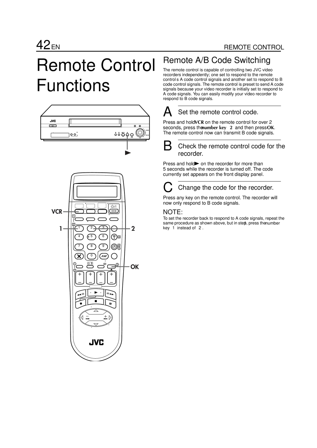 JVC HR-S8850EU 42 EN, Remote A/B Code Switching, Set the remote control code, Change the code for the recorder 