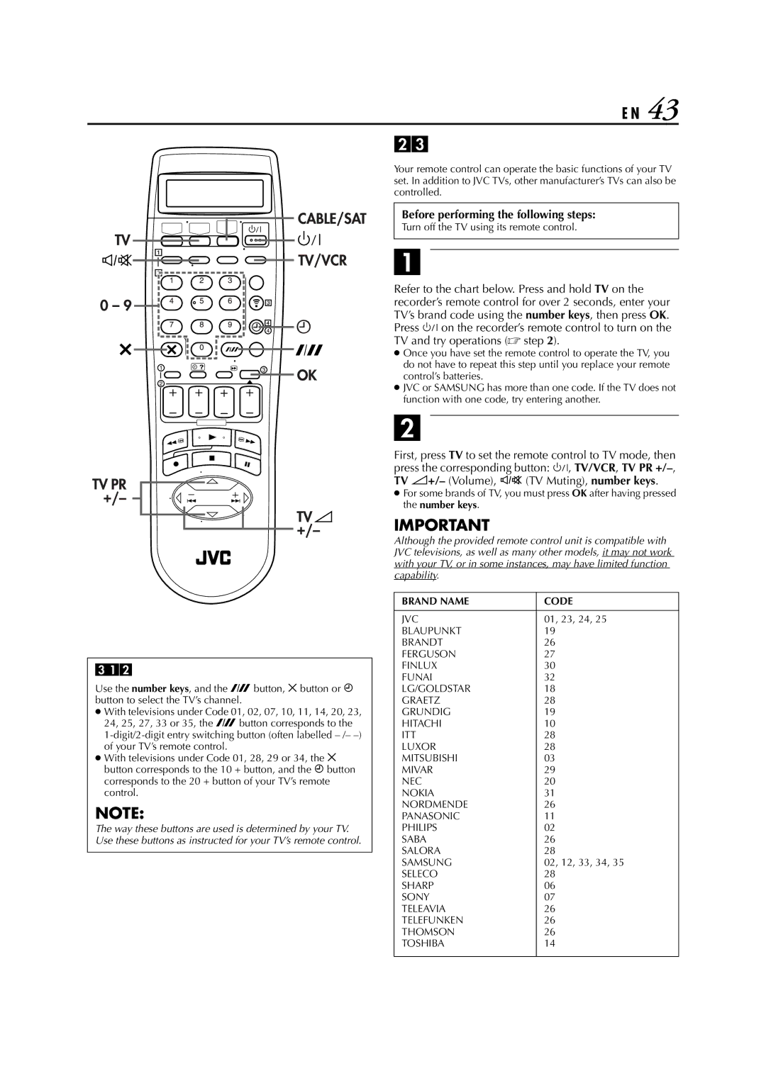 JVC HR-S8850EU specifications TV Multi-Brand Remote Control, Set the TV brand code, Operate the TV 